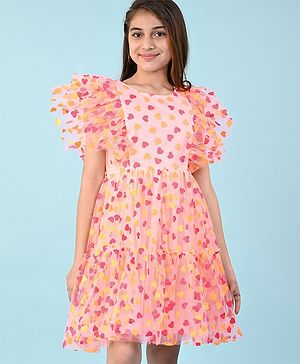 Pine Kids Sleeveless Heart Glitter Print Knee Length Party Dress- Peach