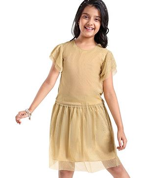 Pine Kids  Frill  Sleeves Shimmered Top & Skirt Set Solid Colour - Golden