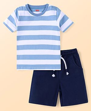 Babyhug Cotton Knit Half Sleeves Striped T-Shirt & Shorts Set - Light Blue & Navy