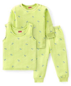 Babyhug Full Sleeves Vest Pullover & Thermal Wear Pant With Paper Plane Print Pack Of 3 - Limegreen