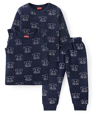 Babyhug Full Sleeves Vest Pullover & Thermal Wear Pant Animal Print Pack Of 3 - Navy Blue