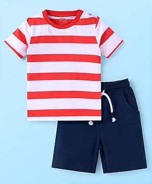 Babyhug Cotton Knit Half Sleeves Striped T-Shirt & Shorts Set - Red & Navy