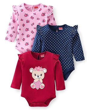 Babyhug 100% Cotton Interlock Full Sleeves Onesies with Frill Detailing Floral & Polka Dots Print Pack of 3 - Multicolour