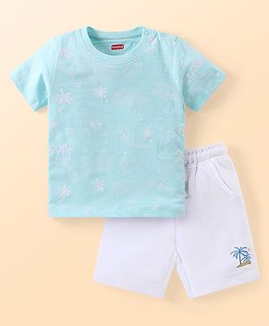 Babyhug Cotton Knit Half Sleeves T-Shirt & Shorts Set With Beach Themed Print - Blue & White