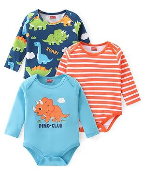 Babyhug 100% Cotton Knit Full Sleeves Dino Printed Onesies Pack of 3 - Multicolour