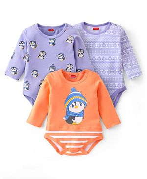 Babyhug Interlock Knit Full Sleeves Onesie With Penguin Printed Pack of 3 - Purple & Orange