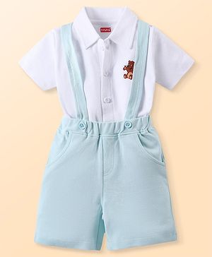Babyhug Cotton Knit Half Sleeves Polo T-Shirt & Shorts Set With Suspender & Bear Print - White & Green