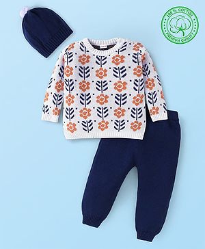 Babyhug Knitted Full Sleeves Pullover Sweater Set with Floral Design & Cap - White & Navy Blue