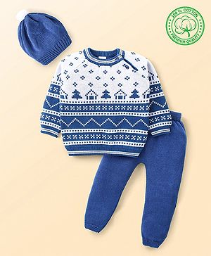 Babyhug Knitted Full Raglan Sleeves Pullover Sweater Set with Cap & Aztec Design - Blue