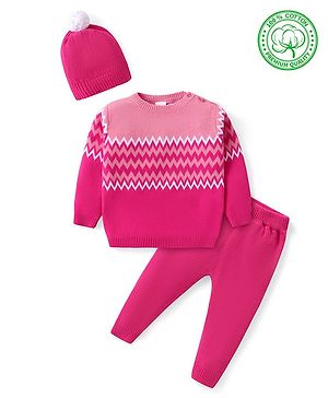 Babyhug Knitted Full Sleeves Pullover Sweater Set with Cap & Chevron Design - Pink