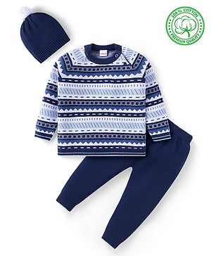 Babyhug Cotton Knit Full Raglan Sleeves Aztec Printed Sweater Set with Cap - Navy Blue