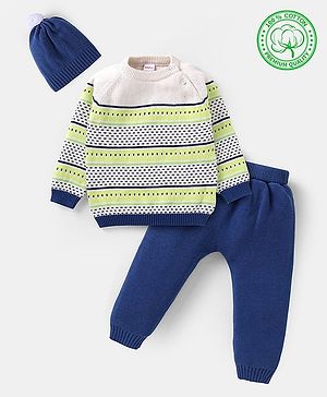 Babyhug Cotton Knitted Full Raglan Sleeves Designed Sweater Set with Cap - Navy Blue & Cream