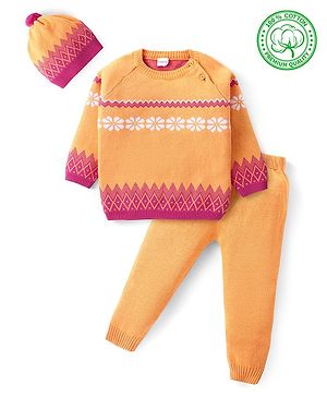 Babyhug Knitted Full Raglan Sleeves Pullover Sweater Set With Floral Design - Orange