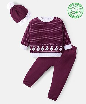 Babyhug Knitted Full Sleeves Pullover Sweater Set With Duck Design - Wine