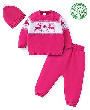 Babyhug  Cotton Knit Baby Sweater Set with Cap Reindeer Design - Dark Pink