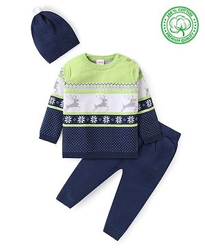 Babyhug Knitted Full Sleeves Intarsia & Deer Designed Pullover Sweater Set with Cap - Navy Blue Green & White