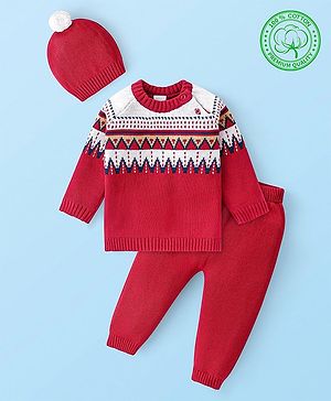 Babyhug Knit Raglan Full Sleeves Sweater Set with Cap Aztec Design - Red