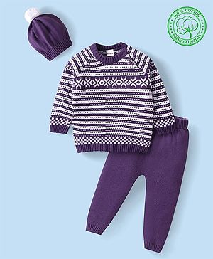 Babyhug Knitted Full Sleeves Pullover Sweater Set with Cap & Aztec Design - Purple