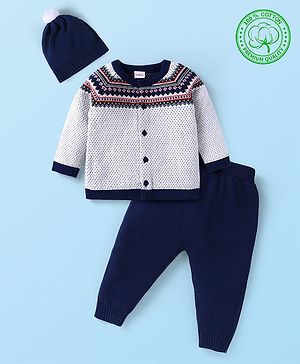 Babyhug Knitted Full Sleeves Front Open Sweater Set with Cap & Aztec Design - Navy Blue