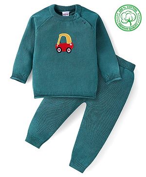 Babyhug Knitted Full Raglan Sleeves Pullover Sweater Set with Car Embroidery - Teal Blue