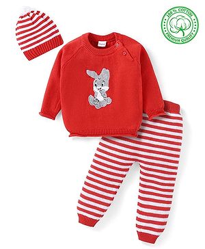 Babyhug Knitted Full Raglan Sleeves Striped Sweater Set with Bunny Embroidery - Red