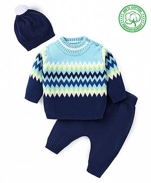 Babyhug Knitted Full Sleeves Pullover Sweater Set with Cap & Chevron Design - Navy Blue