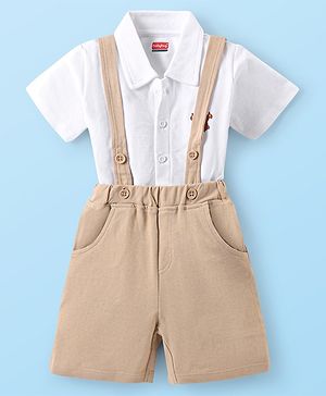 Babyhug Cotton Knit Half Sleeves Shirt & Shorts Set With Suspender - White & Beige