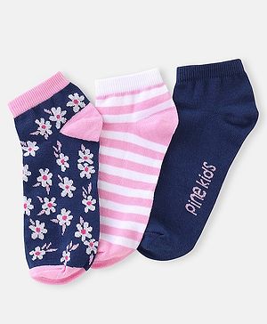 Pine Kids Knit Ankle Length Silvadur Antimicrobial Striped & Floral Design Socks Pack Of 3  ( Color May Vary )