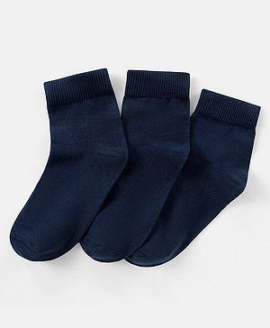 Pine Kids Knit Antimicrobial High Ankle Length Solid Colour Socks Pack of 3 - Navy
