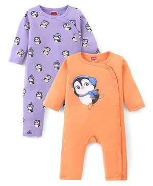 Babyhug 100% Cotton Knit Full Sleeves Romper With Penguin Print Pack of 2- Purple & Orange