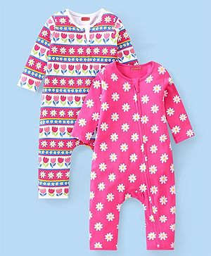 Babyhug 100% Cotton Knit Full Sleeves Floral Printed Romper Pack of 2 - Pink
