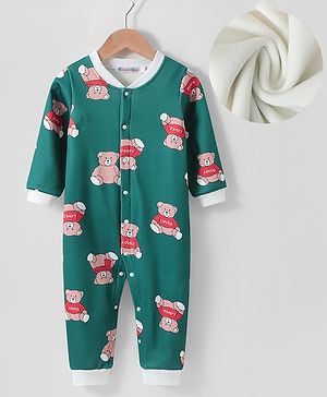 Kookie Kids Full Sleeves Full Sleeves Winterwear Romper with Teddy Bear Print - Green