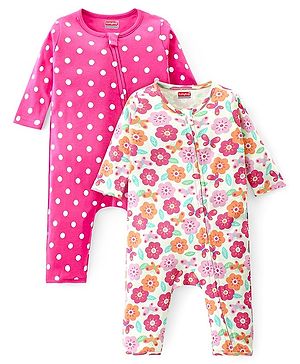 Babyhug 100% Cotton Knit Full Sleeves Romper with Floral Print Pack of 2 - Multicolour