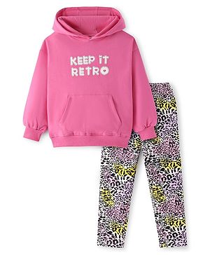 Primo Gino 100%  Cotton Full Sleeves Text Printed Drop Shoulder Hooded Sweatshirt with Leggings Set - Pink