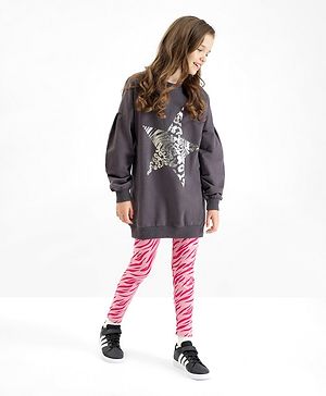 Primo Gino Cotton Knit Full Sleeves Sweatshirt & Leggings Set With Star Print - Black & Pink