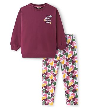 Primo Gino Cotton Knit Full Sleeves Text Printed Sweatshirt & Hearts Printed Leggings Set - Violet