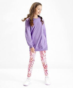 Primo Gino Cotton Knit Full Sleeves Solid Sweatshirt & Hearts Printed Leggings Set - Lavender & Pink