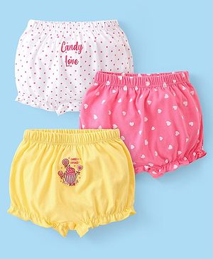 Babyhug 100% Cotton Knit Bloomers with Hearts & Polka Dots Print Pack of 3 - Multicolor