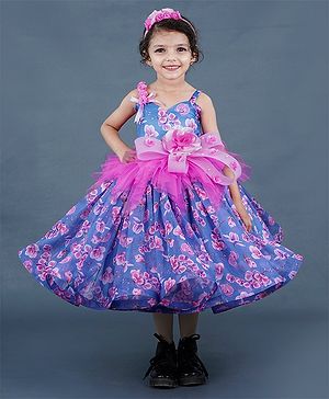 Li&Li BOUTIQUE Organza Sleeveless Floral Applique Detailed & Printed Gown With Headband - Cobalt Blue & Light Pink