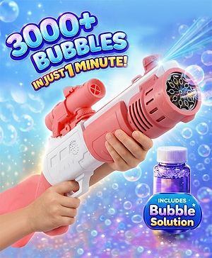 Babyhug Automatic 10 Hole Bubble Rifle Gun with LED Lights - Blue| 100ml Bubble Solution| 3000+ Bubbles per Min| Battery Operated| Child-Safe| Leak-Resistant|Indoor & Outdoor Fun|Realistic View Finder