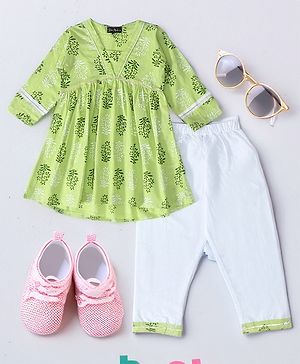 Bella Moda Three Fourth Sleeves Gota Lace Embellished Floral Printed Kurta Pant Set - Green