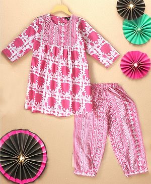Bella Moda Three Fourth Sleeves Abstract Printed Kurta Pant Set - Pink
