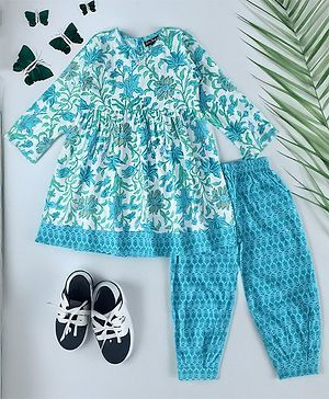 Bella Moda Three Fourth Sleeves Floral Printed Kurta Pant Set - Blue