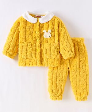 Kookie Kids Full Sleeves Winter Wear Night Suit with Bunny Applique - Yellow