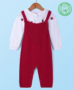 Babyhug Winter Wear Cable Knit Designed Dungaree with Full Raglan Sleeves Inner Tee Floral Embroidery - Dark Red & White