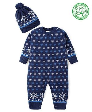 Babyhug Cotton Knit Full Sleeves Winter Wear Romper with Cap Floral Intarsia Design  - Navy Blue