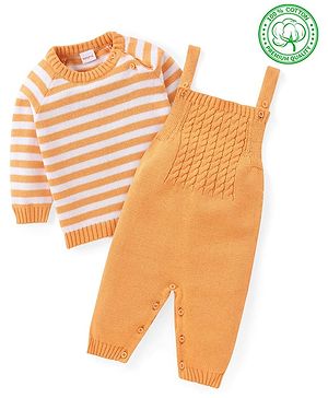 Babyhug Knit Winter Wear Dungaree with Full Raglan Sleeves Inner Tee with Stripe Design - Light Orange