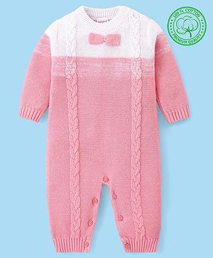 Babyhug Cotton Knit Full Sleeves Winter Romper with Cable Knit Design - Pink