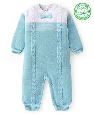 Babyhug Cotton Knit Full Sleeves Winter Wear Romper With Cable Knit Design Bow Applique - Sky Blue