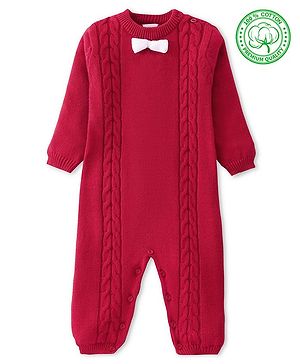 Babyhug Sweater Knitted Full Sleeves Winter Wear Romper With Cable Knit Design & Bow - Red